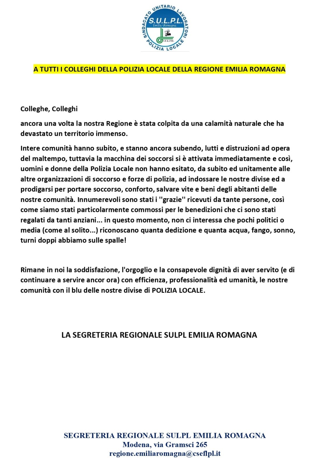 COMUNICATO ALLUVIONE