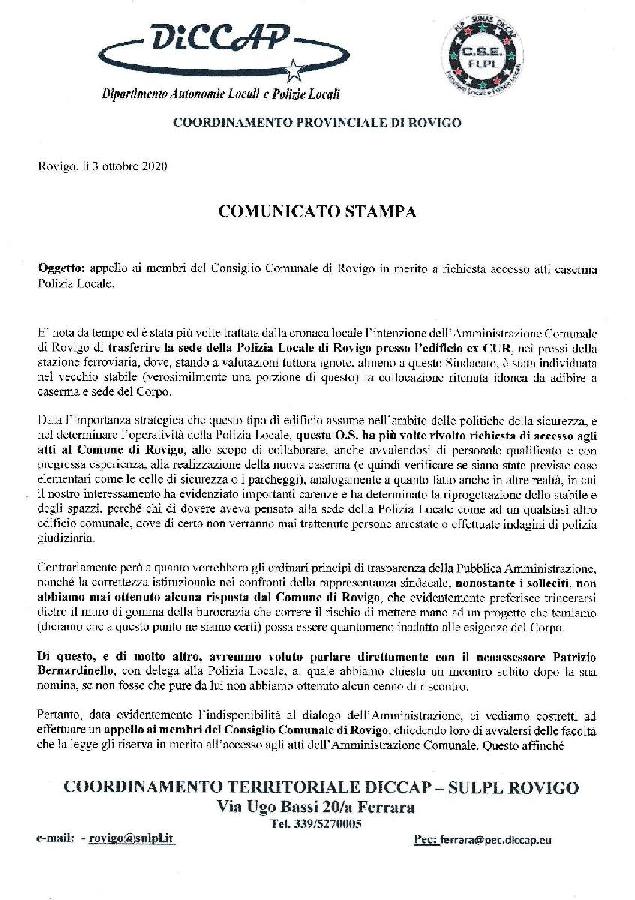 COMUNICATO STAMAP Sulpl Rovigo appello 20ai 20consiglieri 20comunali 20per 20caserma 20PL page 001