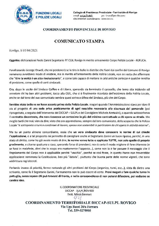 COMUNICATO STAMPA REPLICA alle dichiarazioni del Segretario FP CGIL di Rovigo in merito armamento Corpo PL page 001