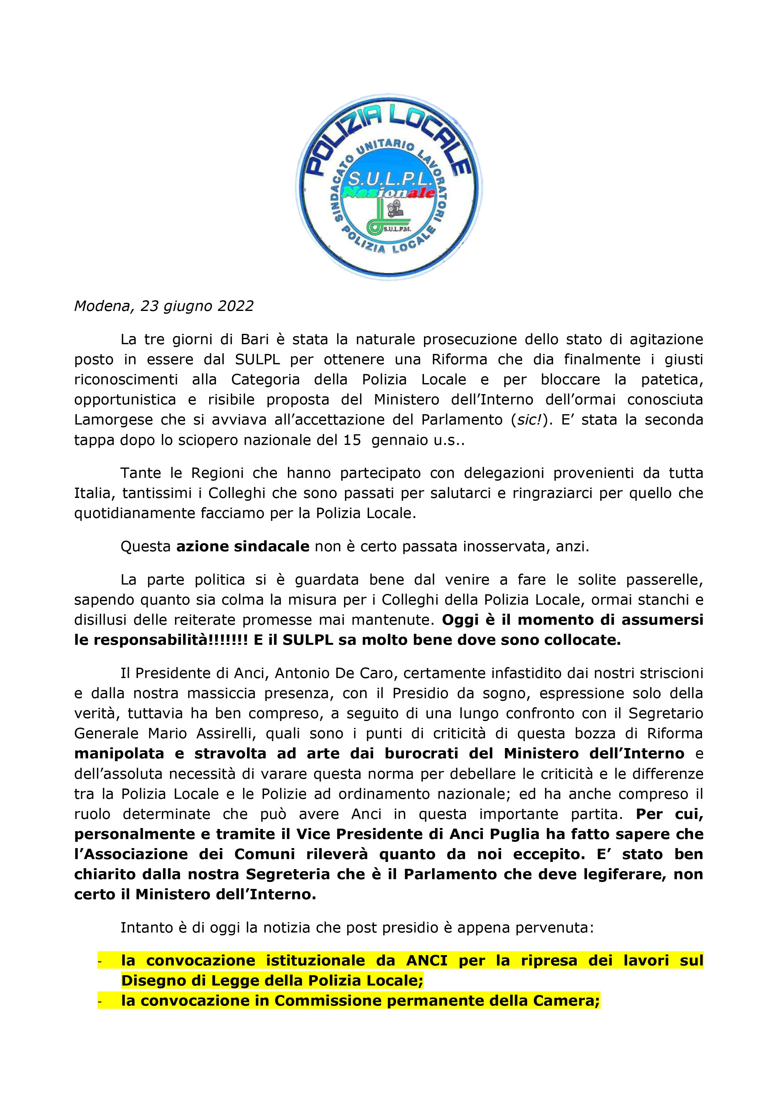 COMUNICSTO STAMPA ZIONE BARI