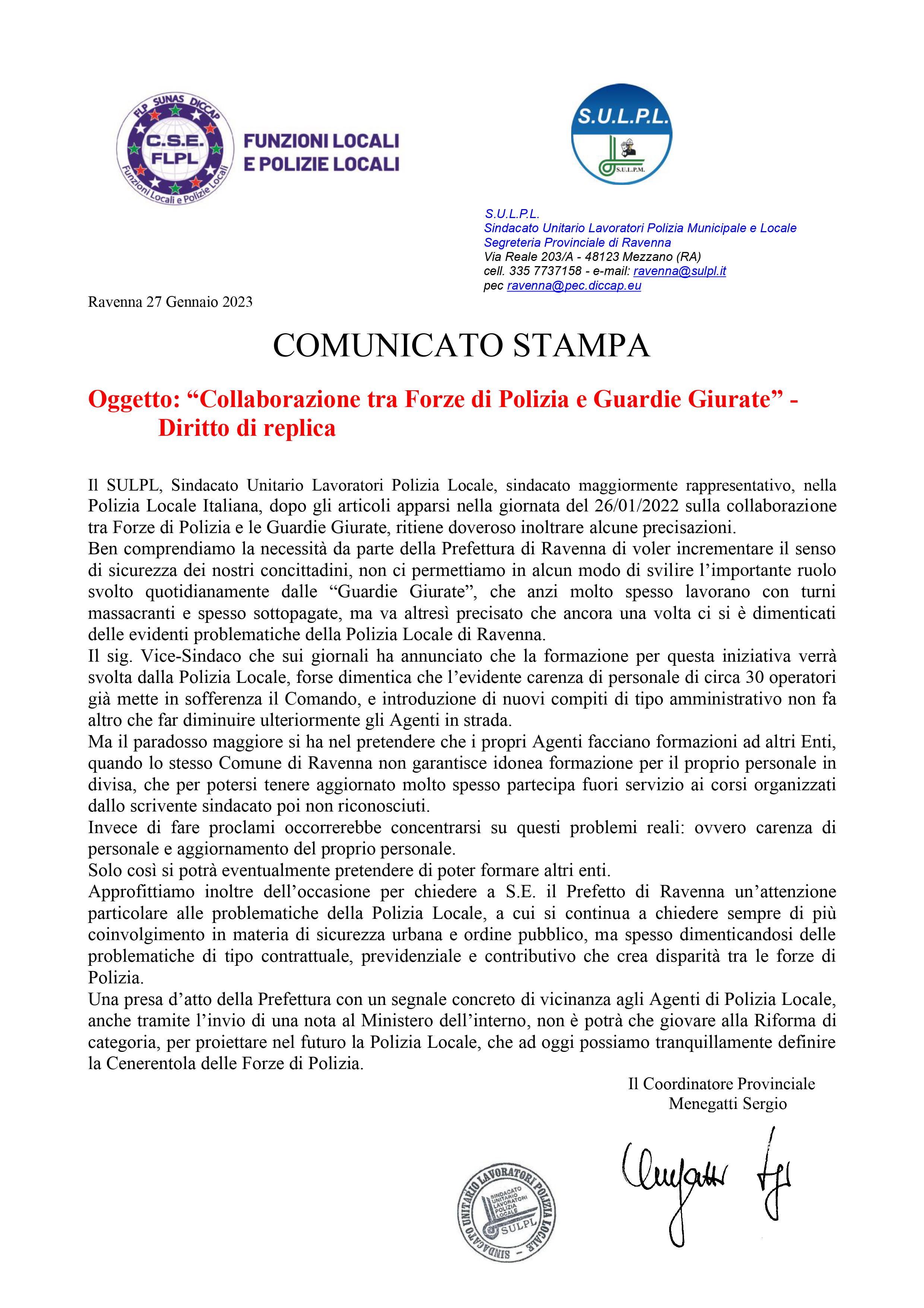 Comunicato Stampa diritto di replica sulpl ravenna su guardie giurate