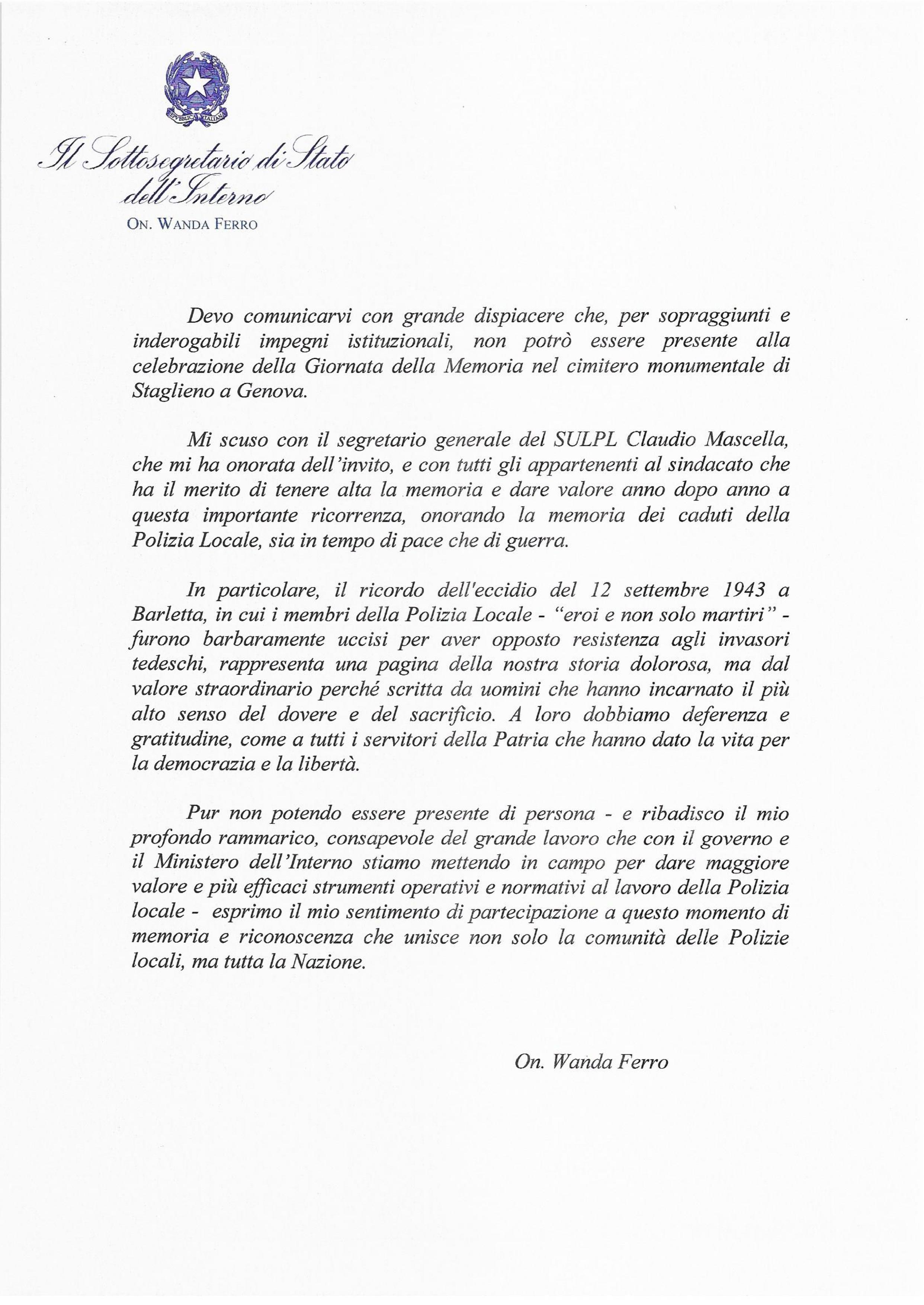 Messaggio del Sottosegretario di Stato dellInterno On. Wanda Ferro