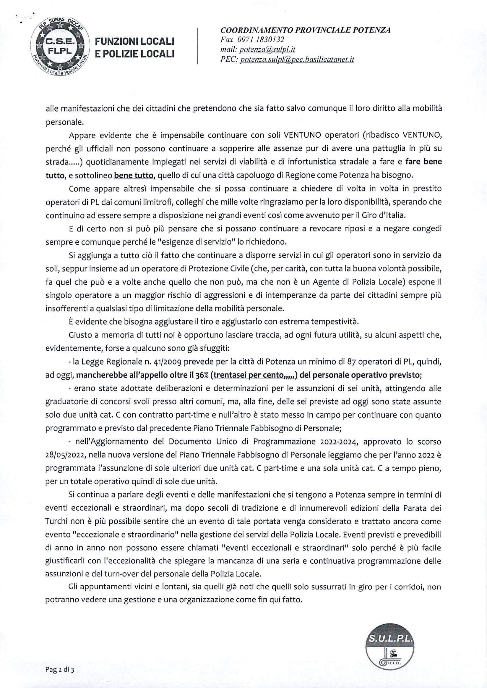 Potenza Lettera di protesta carenza personale di PL signed 2