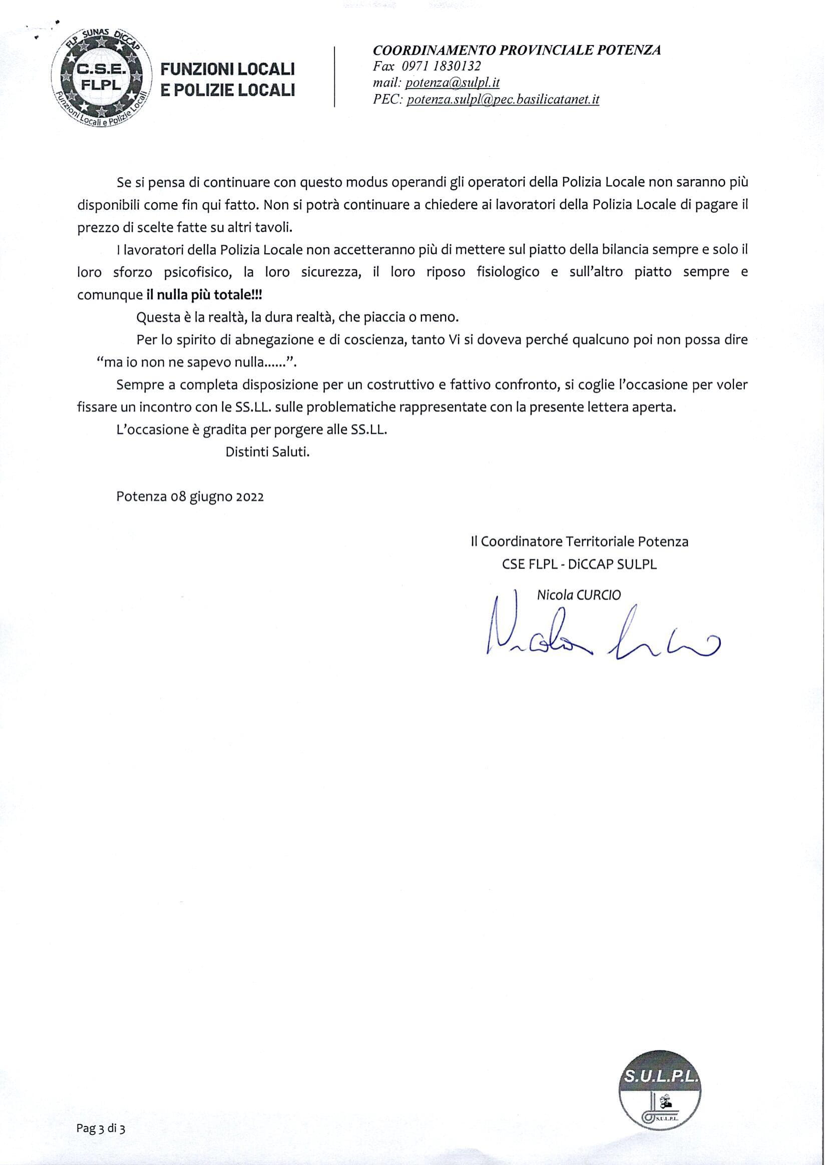 Potenza Lettera di protesta carenza personale di PL signed 3