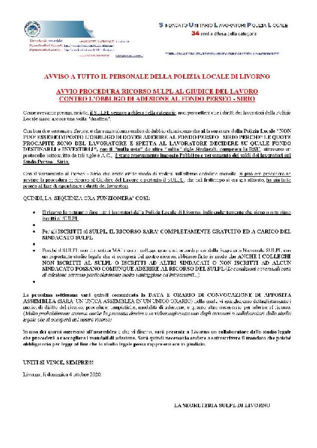 RICORSO SULPL AL GIUDICE DEL LAVORO CONTRO OBBLIGO ADESIONE AL FONDO PERSEO SIRIO AVVISO A TUTTO IL PERSONALE DELLA P.L. LIVORNO page 001