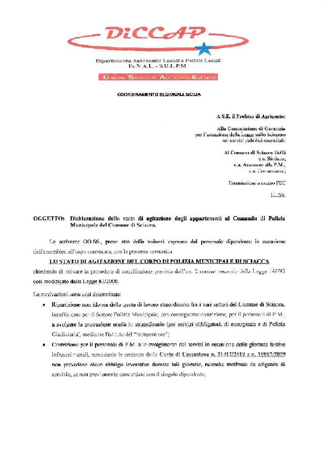 dichiarazione dello stato di agitazione del personale di polizia locale del Comune di Sciacca1 page 001