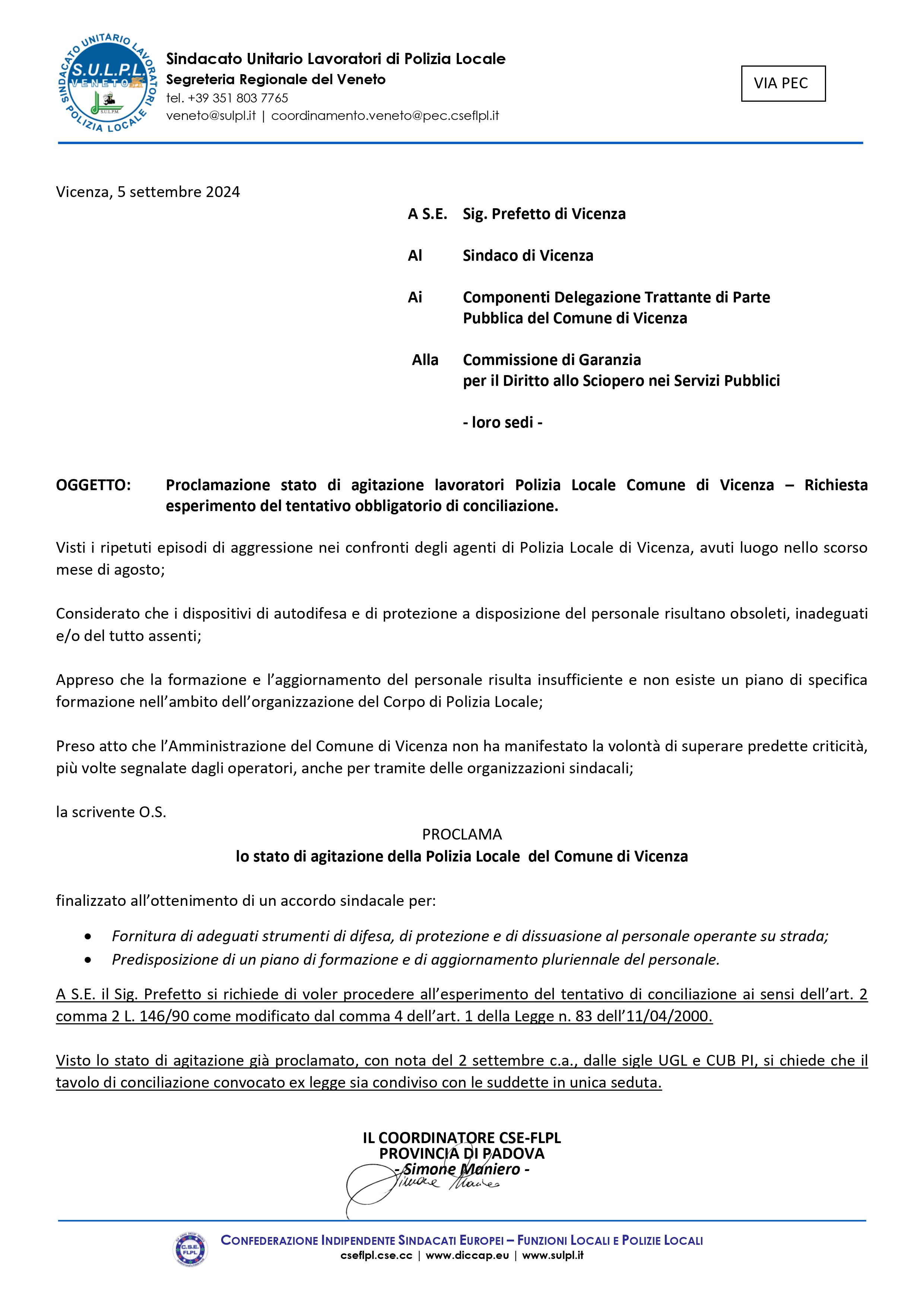 stato di agitazione polizia locale vicenza